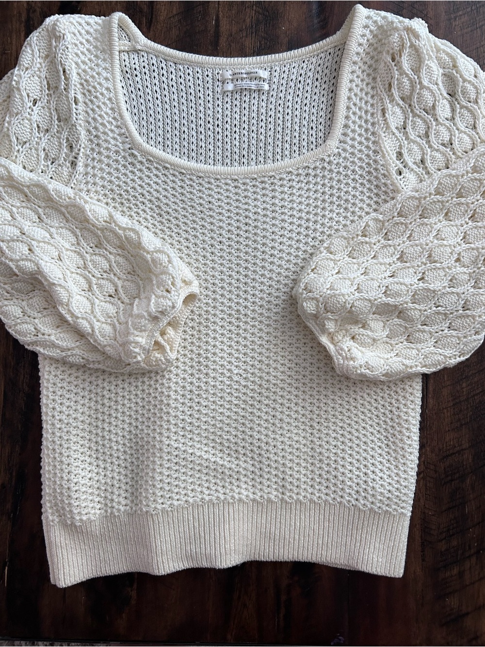 Anthropologie Cream Knit Puff-Sleeve Sweater